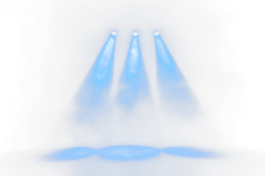 Three blue spotlights illuminate a Transparent stage with haze.