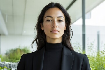 Fototapeta premium Confident individual in modern attire stands amidst lush greener