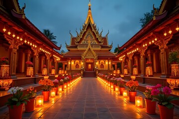 Naklejka premium A grand temple courtyard filled with colorful floral decorations and lit candles during the festival evening.