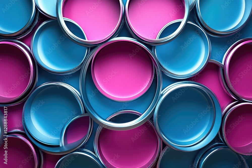 Poster a vibrant collection of metallic pink and blue paint cans arranged in an overlapping pattern.
