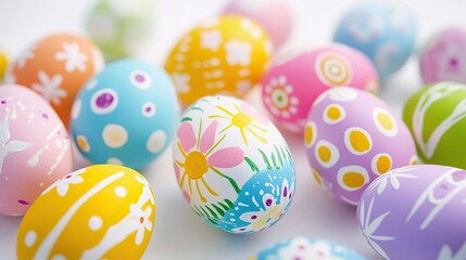 Vibrant Easter Celebration: Close-Up of Colorful Painted Eggs, Egg Hunt Background, Festive Decorations, Holiday Spirit