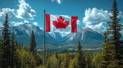 Canadian flag waving in the rocky mountains forest