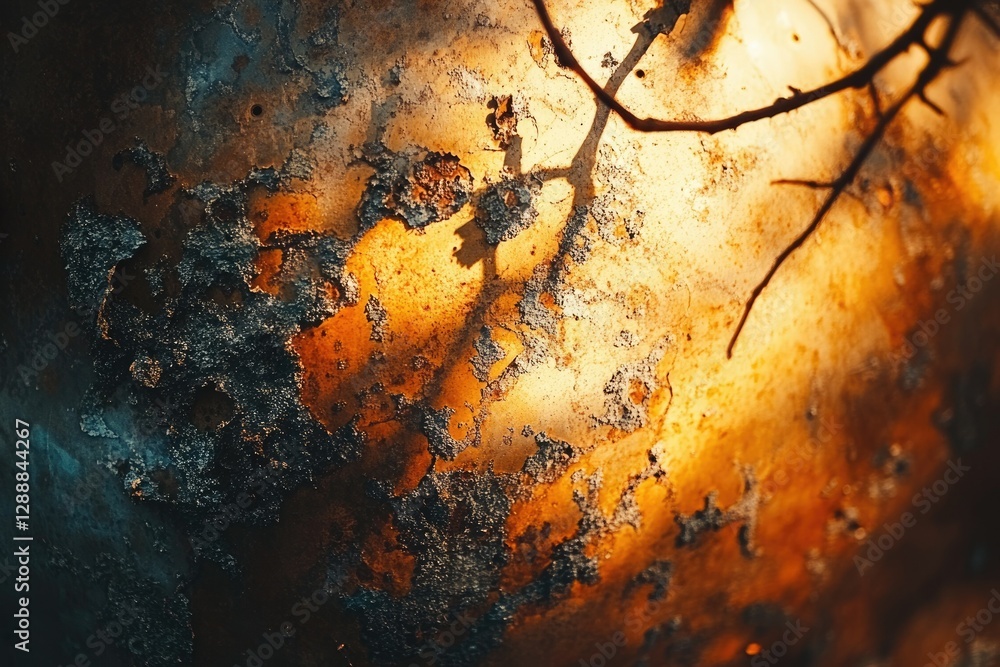 Aufkleber rusty metallic surface with peeling paint, illuminated by warm sunlight, casting a branch shadow.