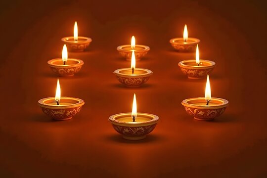A row of intricately designed oil lamps (diyas) arranged in symmetrical patterns.