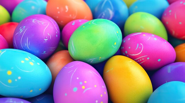 Vibrant Easter Celebration: Close-Up of Colorful Painted Eggs, Egg Hunt Background, Festive Decorations, Holiday Spirit