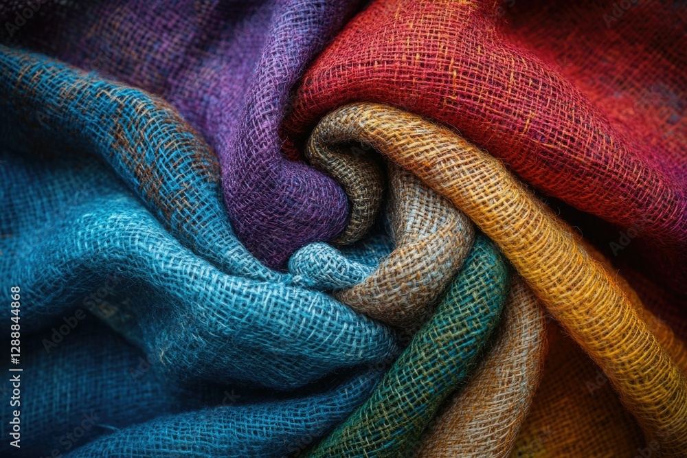 Poster rainbow colored burlap fabrics arranged in a swirling pattern, showcasing texture and vibrant hues.
