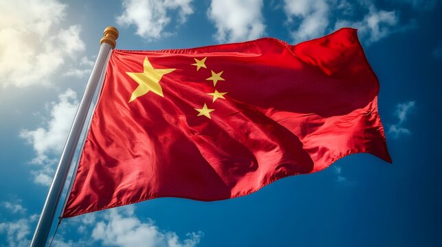 Chinese flag waving in the wind against blue sky