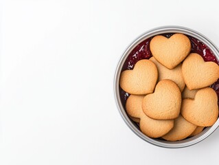 Crunchy heartshaped cookies with strawberry jam filling, delicately arranged in a cookie tin, placed against a clean white background for minimalism