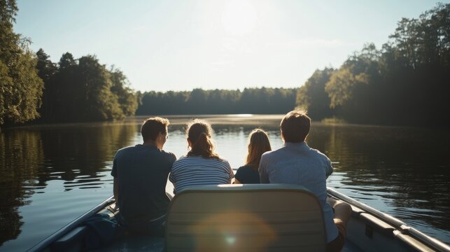 Gen Z friends on a boat, sailing across a lake, enjoying the view. Featuring adventure and serenity