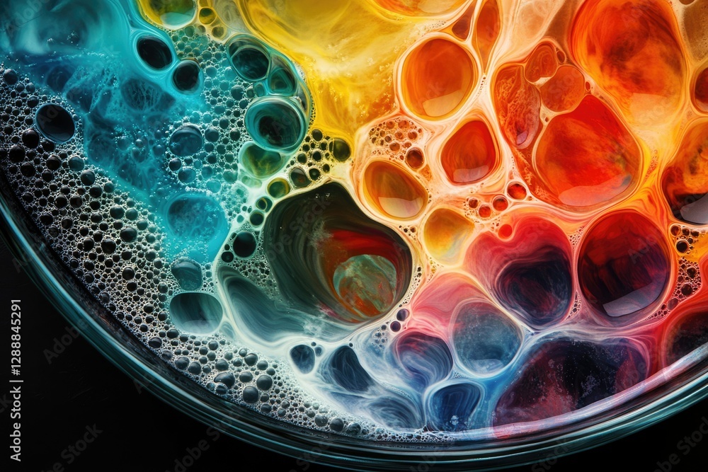 Poster Abstract vibrant colorful swirls and bubbles in a glass container, creating a mesmerizing visual effect.