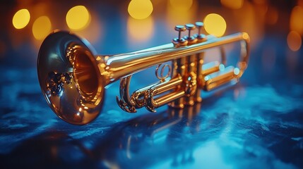Golden Trumpet on a Reflective Surface at a Night Venue