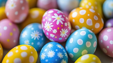 Vibrant Easter Celebration: Close-Up of Colorful Painted Eggs, Egg Hunt Background, Festive Decorations, Holiday Spirit