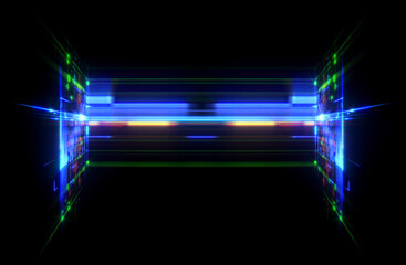 Empty digital podium with neon ligts. Glowing scene spotlights..Product Presentation. Stage panel. Exhibition rectangle stand. .Exposition hologram platform. RGB laser display. Success fashion studio.