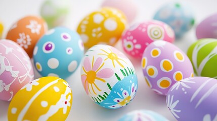 Vibrant Easter Celebration: Close-Up of Colorful Painted Eggs, Egg Hunt Background, Festive Decorations, Holiday Spirit