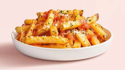 Delicious cheesy fries with parmesan and marinara, plated on a white ceramic dish, set against a soft pastel pink background for a modern aesthetic