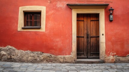 An old red building with a closed door 