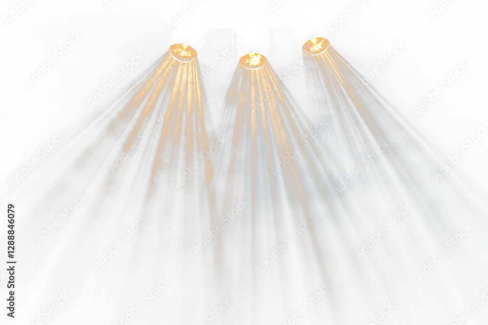 Poster three spotlights illuminate a transparent stage with beams of light.