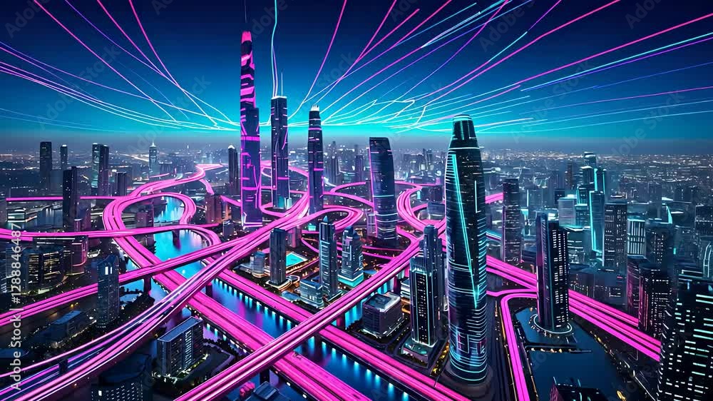 Poster futuristic cyber cityscape with neon pink data lines and skyscrapers creating a high-tech digital en