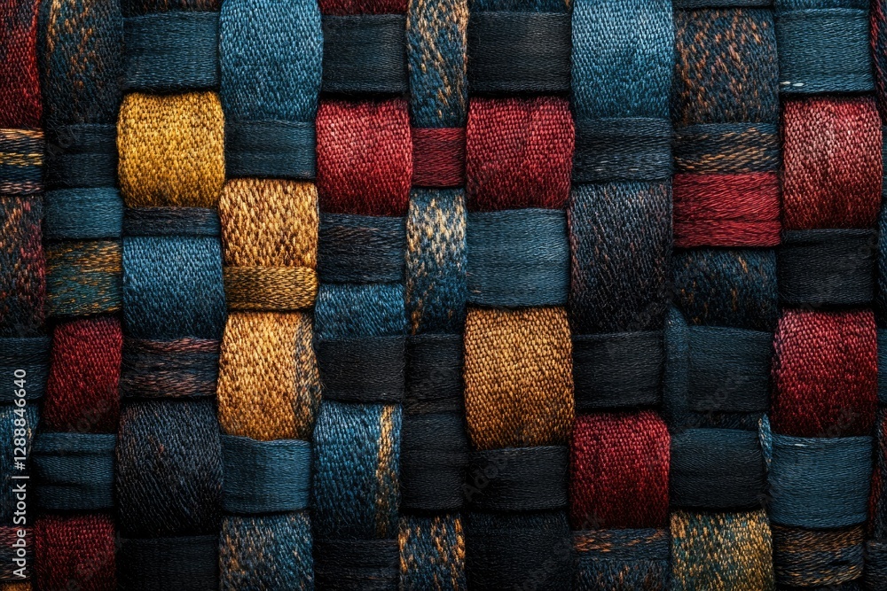 Poster intricate woven textile with a rich palette of deep blues, reds, and golds creating a textured, visu