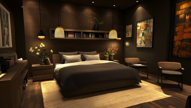 Modern Dark Bedroom Interior with Artwork and Lighting - Powered by Adobe