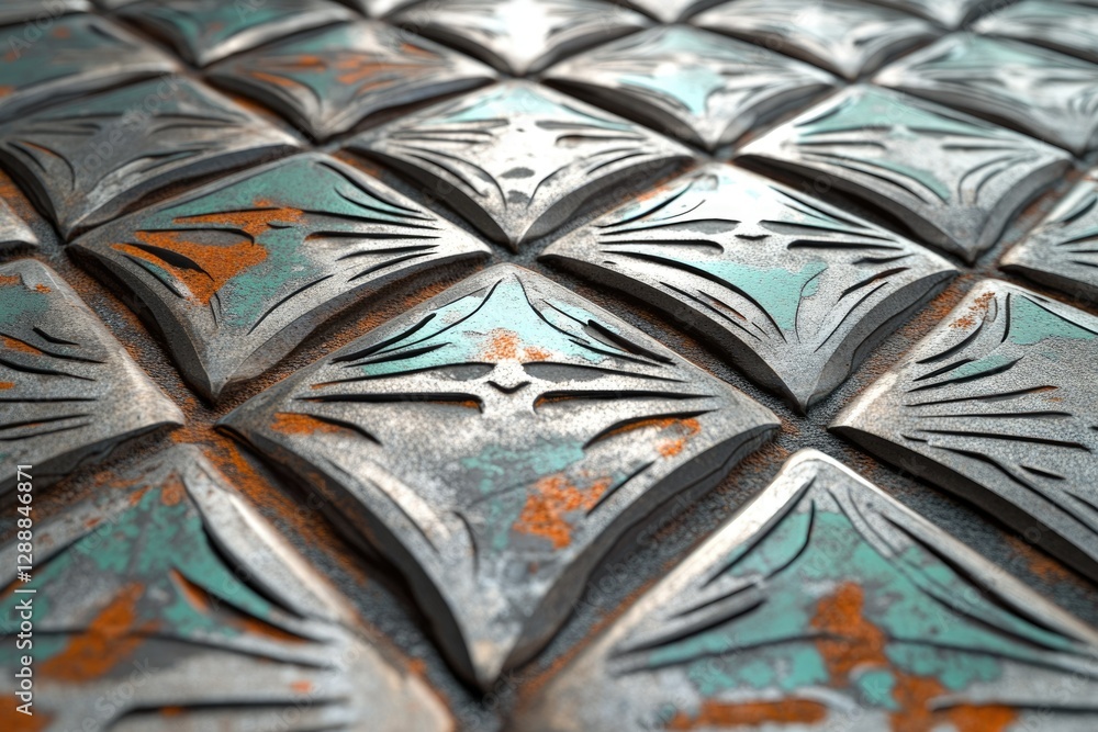 Aufkleber close-up of intricately carved, rust-colored metallic tiles arranged in a diamond pattern.