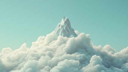 Majestic mountain peak emerging through fluffy clouds under bright blue sky in serene landscape setting