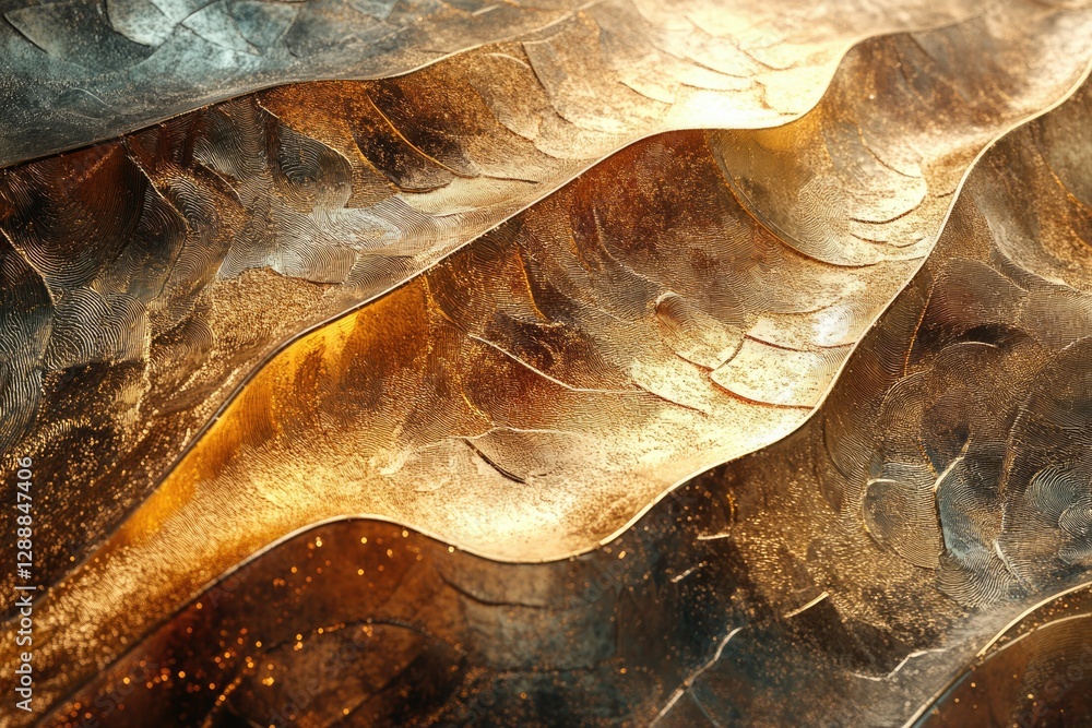 Poster abstract golden texture with wave-like patterns, metallic sheen, and embossed details.