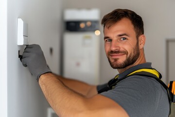 This image features a skilled technician installing a thermostat, showcasing their expertise and attention to detail in a contemporary residential environment.