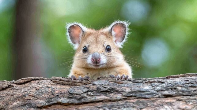 Cute rat-kangaroo peering from log, forest background, wildlife photography