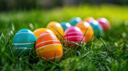 Vibrant Easter Celebration: Close-Up of Colorful Painted Eggs, Egg Hunt Background, Festive Decorations, Holiday Spirit