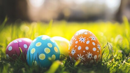 Vibrant Easter Celebration: Close-Up of Colorful Painted Eggs, Egg Hunt Background, Festive Decorations, Holiday Spirit