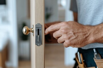 Obraz premium This close-up image captures the intricate process of a hand installing a door lock, emphasizing precision and security in residential installations.