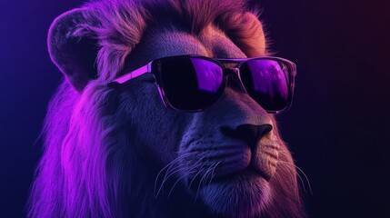 Majestic lion wearing stylish sunglasses under neon purple and pink lighting. Fashionable animal portrait with modern vibe. Coolness and trendsetting concept