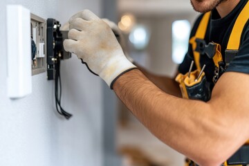This image captures an expert worker meticulously installing an electrical distribution box, showcasing the crucial role of precision in safe electrical installations.