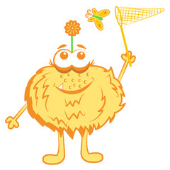 Art and illustration. A monster catches a butterfly with a net.