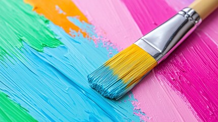 Fototapeta premium Close up view of paintbrush on vibrant, multicolored paint strokes. Bright hues of blue, pink, green, and orange create a textured background. The