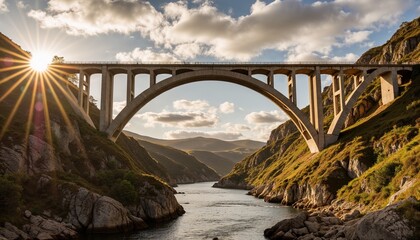 majestic stone arch bridge over deep canyon at sunset, scenic river landscape, dramatic sky and sun rays, breathtaking nature view