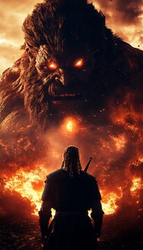 Fototapeta Warrior facing giant, fiery landscape, epic battle, fantasy art, game concept.