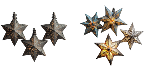  A set of three Islamic Ramadan lanterns in the shape of stars with intricate patterns  transparent background PNG