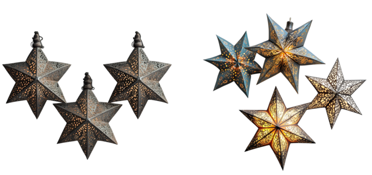  A set of three Islamic Ramadan lanterns in the shape of stars with intricate patterns  transparent background PNG