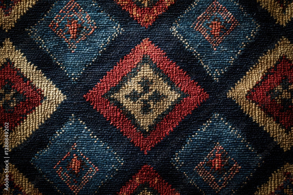 Poster close-up of a textured fabric with a repeating geometric diamond pattern in muted red, blue, and bei