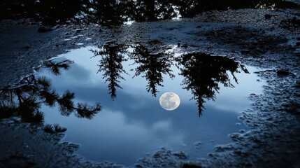A puddle of water reflects the moon and trees in the dark