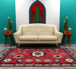 Off white sofa sits on a red and blue rug in a room with teal walls and potted cacti. A pixel art cactus hangs above the sofa. Mid century modern