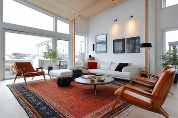 Fototapeta premium BIg scandinavian living room with panoramic window
