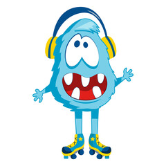 Art and illustration. A blue monster with headphones and roller skates.
