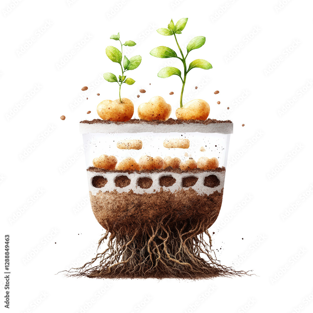 Poster plant with visible roots and a small sprout emerging from the soil in a natural environment isolated