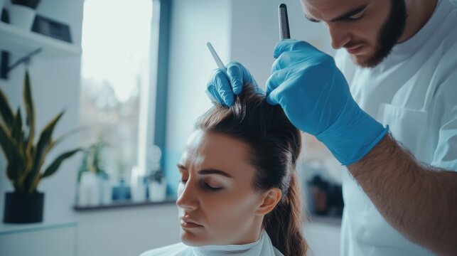 Hair restoration session in a minimalist wellness center. Featuring rejuvenation and innovation