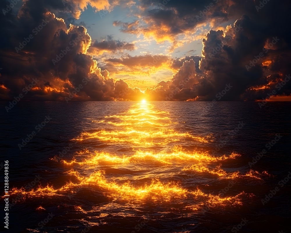 Poster glowing beam of light piercing through dark clouds guiding the way toward illuminated path