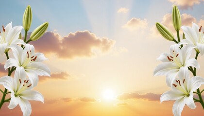 white lilies framing golden sunset sky, serene funeral background, peaceful memorial template, spiritual condolence and remembrance design