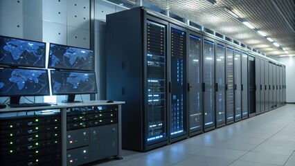 Modern Data Center: A long perspective showcases a state-of-the-art data center, filled with rows of server racks and computer monitors, embodying the digital heart of modern technology.